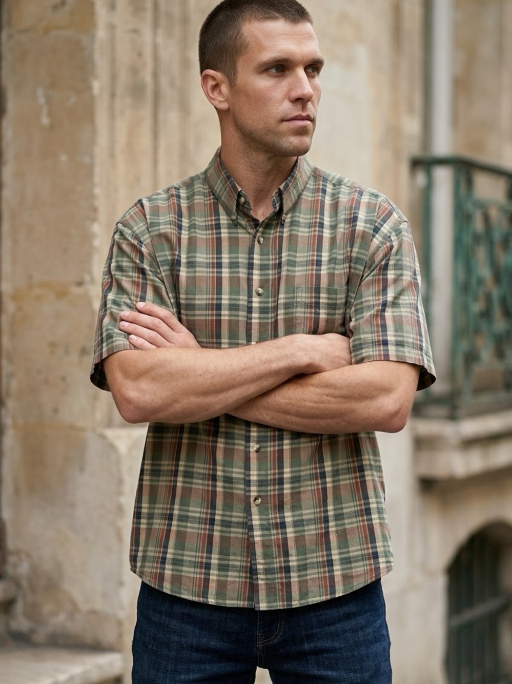 Van Heusen Short-Sleeve Plaid Button-Down Shirt in Green and Brown